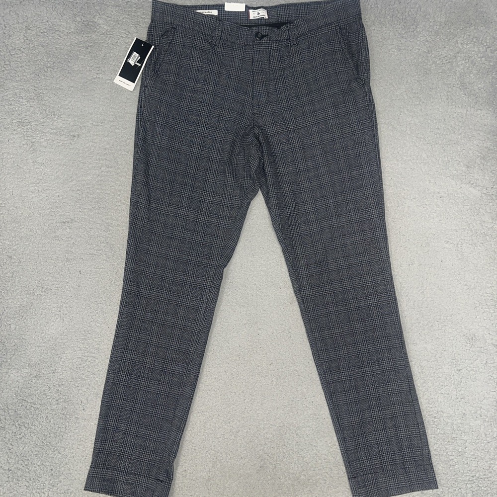 NWT Jack & Jones Marco Stuart Pants Men's Sz 36x34 Black Plaid Chino Trousers